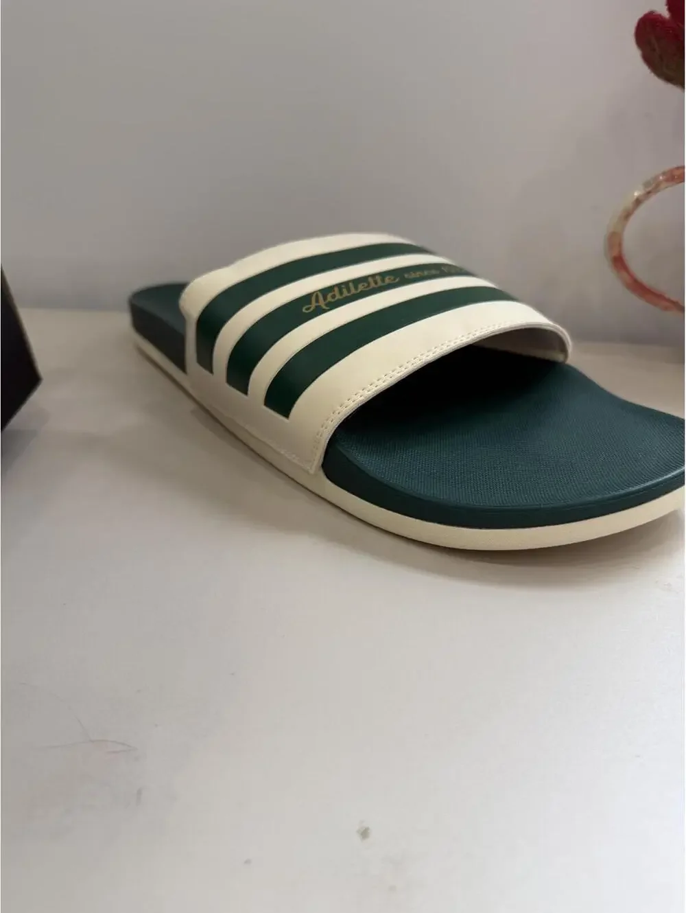 Adilette Slide Sandals with Green and Cream Stripes Men's Size 18